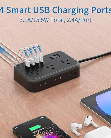 Extension Cord 25 Ft NTONPOWER Long Extension Cord with 6 Widely Spaced Outlet, Power Strip with 4 USB Port(2 USB-C), Wall Mount for Home Office, Dorm Room and Nightstand, Black