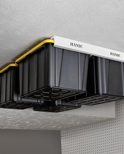 HandT USA Based Overhead Garage Storage Rack, Ceiling Tote Bin Organization Rails Shelving Racks System, Heavy Duty Hanging Metal Rack Systems for 27 Gallon Container, Supports Most Bins, 4 Sets White