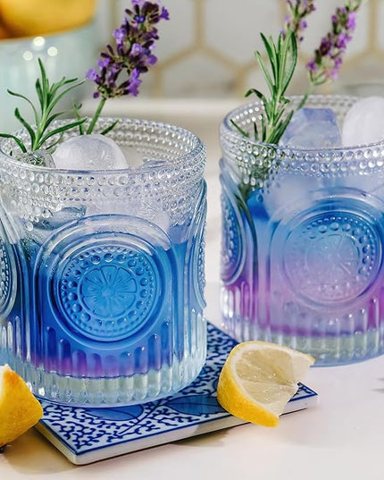 Ribbed Retro Arch Floral Clear Drinking Glasses Set of 6, (10 oz) Vintage Glassware Set by Kate Aspen| Cocktail Glass Set, Juice Glass, Water Cups | Great Hostess Gift & Gift for New Home Owners