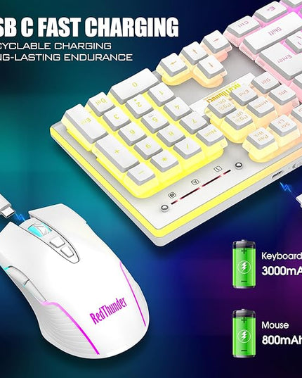 RedThunder K10 Wireless Gaming Keyboard and Mouse Combo, RGB Backlit Rechargeable 3800mAh Battery, Mechanical Feel Anti-ghosting Keyboard + 7D 3200DPI Mice for PC Gamer(White Pudding)