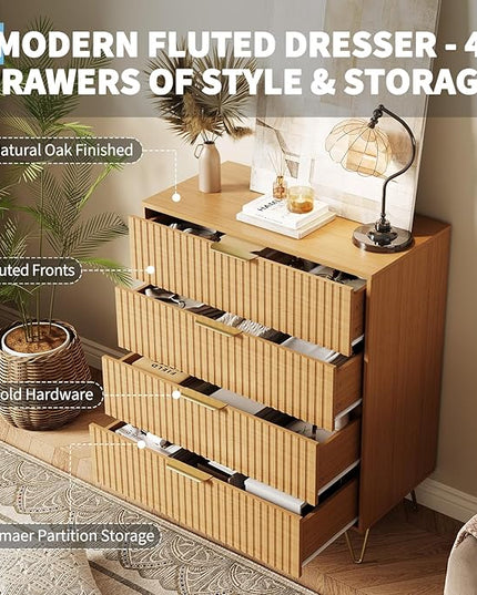 Garvee Fluted Dresser for Bedroom with 4 Drawers,32" Wide Modern Chest of Wooden Bedroom Chest with Metal Handle,Wide Clothes Storage Organizer,Closet Dresser & TV Stand for Living Room,Natura Oak