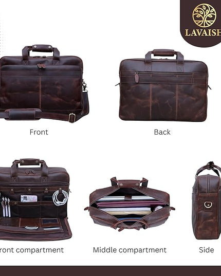 LAVAISH Handmade Full-Grain Leather Briefcase for Men & Women–17" Laptop Bag with Computer Compartment Office Satchel Bag