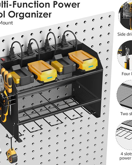 CCCEI Modular Power Tool Organizer Wall Mount with Charging Station. Garage Drill Storage Shelf with Hooks, Heavy Duty Rack, Tool Battery Holder Built in 8 Outlet. Gift for Men. Black, 2 Pack.