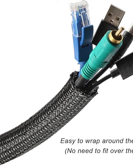 CrocSee 10ft - 3/4 inch Braided Cable Management Sleeve Cord Protector - Self-Wrapping Split Wire Loom for TV/Computer/Home Theater/Engine Bay - Black