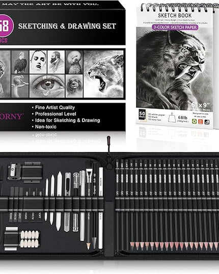 HIFORNY 58 PCS Drawing Kit Sketching Pencil Set,Sketch Pencils Art Supplies with 3-Color Sketchbook,Graphite,Charcoal,Blending Tools,Drawing Pencils for Adults Artists
