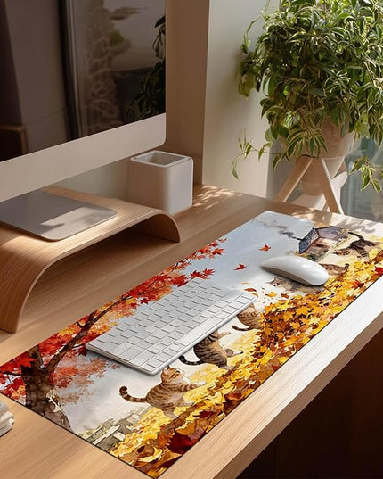 Cat XL Mouse Pad 31.5 x 11.8 Inch Gaming Mousepad Diatomite Large Keyboard Mouse Pad for Home and Office Desk Accessories with Autumn Leaves Kittens Illustration Featuring Stable Base