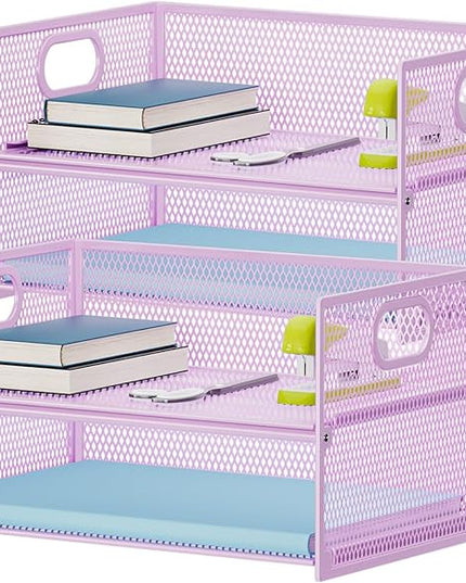Marbrasse 2 Tier Paper Organizer Letter Tray, Mesh File Organizer with Handle, Paper Sorter Desk Organizer for Home Office Supplies - 2P Purple