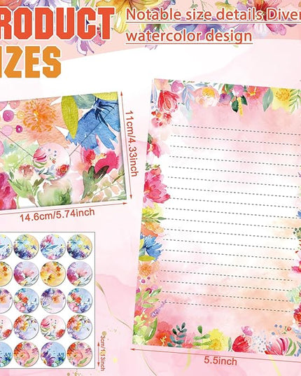 TaoBary 160 Pcs Stationery Paper Set 50 Double Sided Stationery Papers with 50 Matching Envelopes and 60 Round Dot Sticker, 10 Design(Bright Floral,5.5 x 8.25 Inch)