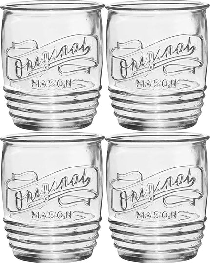 Glaver's Drinking Glasses Set of 4 Original Mason Whiskey 13 Oz Genuine Artisan-Made Vintage Italian Tumbler Glassware Set for Refreshing Drinks, Beverages, Iced Tea