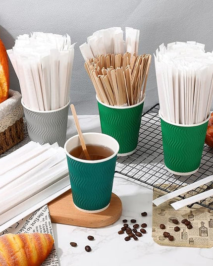 2000 Pcs Individually Wrapped Wooden Coffee Stirrers, Disposable Coffee Stir Sticks Round End Sticks Bulk Wood Stirrers for Cocktail Hot Drinks Restaurant Bar Home Office (7 Inch)