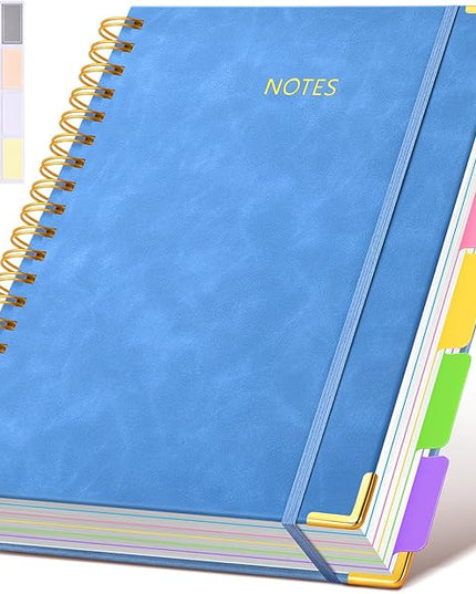 Hardcover Spiral Notebook 8.5"x11" Journal with Removable Dividers Tabs, 300 Pages Leather 5 Subject Notebook College Ruled, Large Notebooks for Work School, Lined Journal for Women, A4 Light Blue
