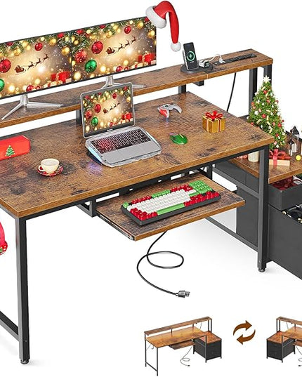 AODK Computer Desk with Drawers, 55" Office Desk with Keyboard Tray and Power Outlet, Reversible Study Work Desk with Printer Space and File Drawers Cabinet for Home Office, Vintage