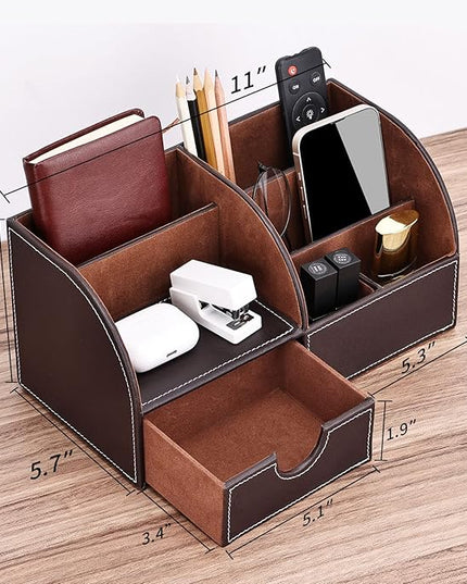 KINGFOM Pu Leather Desk Organizer Pen Pencil Holder Office Supplies Caddy Storage Box 6 Compartments with Drawer Brown