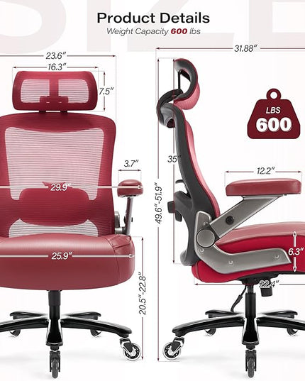 600lbs Big and Tall Office Chair- Heavy Duty Executive Computer Chair with 3D Flip Arms Large Wheels, Ergonomic Mesh High Back Desk Chair, Extra Wide Seat Adjustable Lumbar Support&Headrest