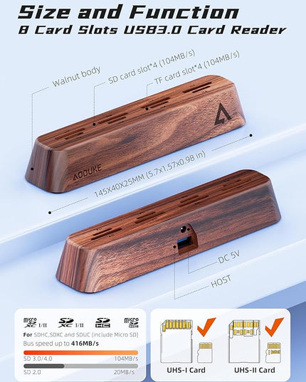 8-Port USB 3.0 SD Card Reader, Walnut Wood Design 5Gbps Data, Simultaneous Support to Micro SD/TF3.0 and SD3.0 Card Read and Write (Compatible UHS-I/II Card)-AST43M
