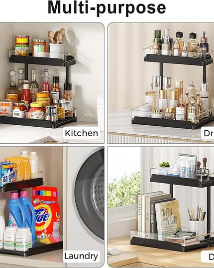 heart & home 1-Pack Under Sink Storage Organizer for Kitchen & Bathroom Cabinets with Removable Washable Tray, Tool-Free Assembly – Multi-Purpose for Kitchen Countertop, Vanity, & Laundry Room，Black
