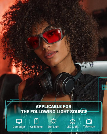 TIJN Sonia Sleep Glasses for Blue & Green Light Blocking,Red Lens with Dual AR Coating,Wraparound Frame for Gaming Screen