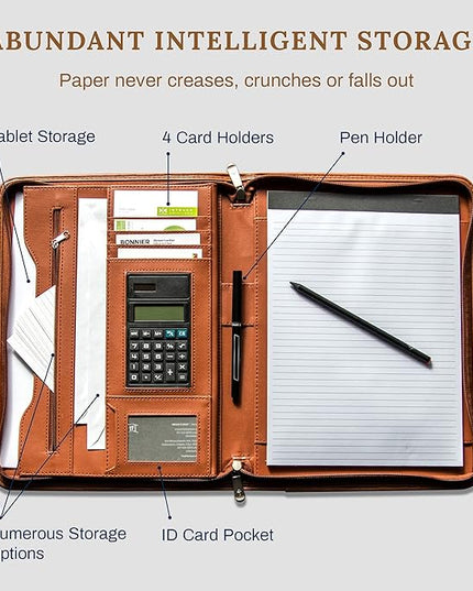 Cossini Premium Business Portfolio with Zipper – Padfolio - Superior Business Impressions Begin with PU Vegan Leather, 10.1 Inch Tablet Sleeve, Smart Storage, Solar Calculator, Writing Pad - Tan