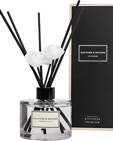 CULTURE & NATURE Reed Diffuser Set 6.7oz (200ml) Summer Peach Scented Diffuser with Sticks Home Fragrance Reed Diffuser for Bathroom Shelf Decor