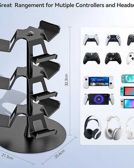 Headset Stand 3 Tiers for Desk, Rotatable Gaming Controller Stand for PS5/PS4/Xbox/Switch2/PS Portal/Phone, Universal PC Gamer Gift Accessory Controller/Headphone Holder for 9 Packs Controller