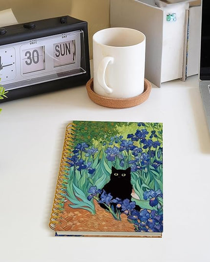 ROXMART Irises Floral Black Cat Spiral Notebook, Black Cat Gifts Journal, Cats Lover Gifts for Women, Abstract Flower Field Kitty Kitten Hardcover Notebook Journal, 5.5x8.3 Inch