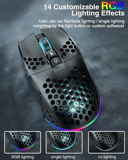 SOLAKAKA SM600 Honeycomb Shell Gaming Mouse Wireless,Tri-Modes BT5.1/2.4G Wireless/Type-C Wired Gamer Mouse with 2 Side Buttons, Macro Programmable and RGB Light for PC/Mac/Laptop,Black