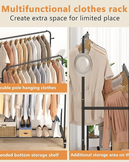 Laiensia Double Rods Garment Rack with Wheels, Clothing Rack for Hanging Clothes,4 Hooks, Multi-functional Bedroom Clothes Rack, Black