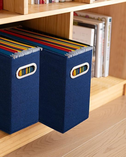 4 Pack Letter Size File Storage Box Collapsible, Fabric Hanging File Folders Organizer, Portable Office Document Holder with Metal Handle, Smooth PVC Rails, Blue
