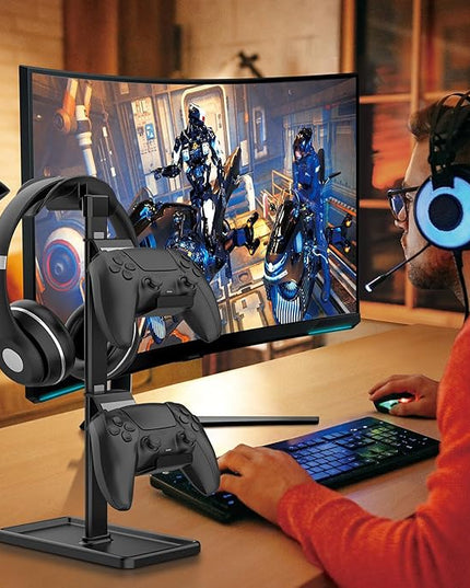 SHUOSUO Controller Holder, Headphone Stand, Gaming Controller Stand for Xbox PS5 PS4 Switch, Headset Holder with Storage Organizer, Universal Desk Game Accessories (Black)