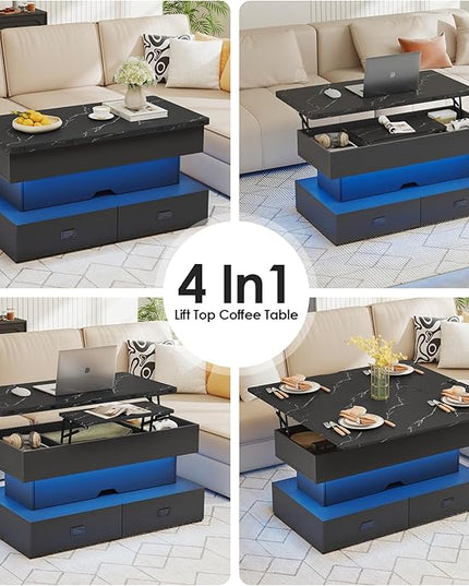 Turosur 40" Lift Top Coffee Table, LED Coffee Tables with Storage and 4 Drawers, Coffee Table with Lifting top for Living Room Home Office, Black