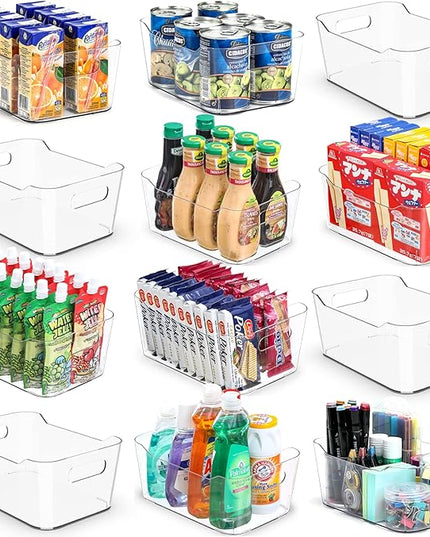 12 PACK Multi-Use Clear Plastic Storage Bins for Organizing w/ Labels - Home, Kitchen, Bathroom, Office, Pantry Cabinet Shelf Organizer Bins - SOHO Collection, RV, Fridge Organization Containers
