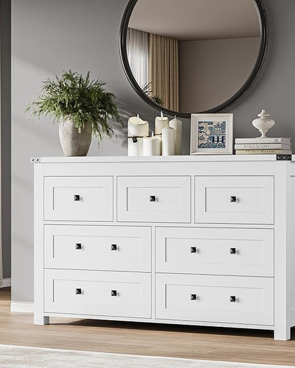 BORNOON 7-Drawer Dresser, Modern Wooden Storage Chest of Drawers, Dresser TV Stand, Wood Drawer Organizer with Metal Handles for Bedroom, Living Room, Hallway