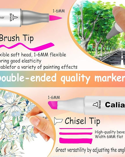 Caliart Alcohol Markers Brush Tip, 51 Colors Dual Tip Artists Coloring Markers Set Brush & Chisel, Permanent Alcohol Based Colored Sketch Pens, Art Supplies Gifts for Adults Drawing Illustration
