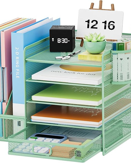 Marbrasse Desk Organizer with File Holder, 5-Tier Paper Letter Tray Organizer with Drawer and 2 Pen Holder, Mesh Desktop Organizer and Storage with Magazine Holder for Office Supplies (Green)