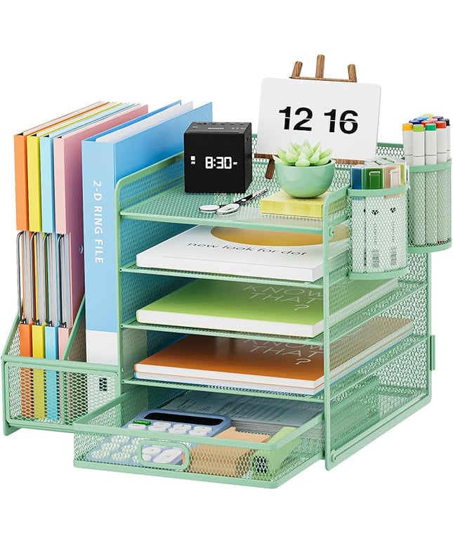Marbrasse Desk Organizer with File Holder, 5-Tier Paper Letter Tray Organizer with Drawer and 2 Pen Holder, Mesh Desktop Organizer and Storage with Magazine Holder for Office Supplies (Green)