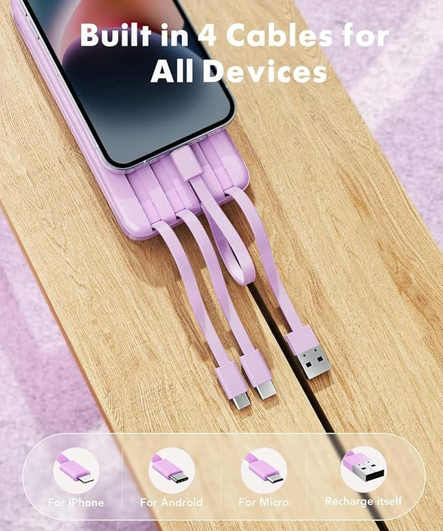 charmast Portable Charger with Built in Cables, Power Bank with Cords Wires, Slim 10000mAh Travel Battery Pack 6 Outputs 3 Inputs 6A Fast Charging for Samsung Google Pixel LG Moto iPhone iPad