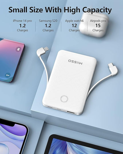 6000mah Ultra Slim Built in Cables Power Bank, Card Size Built in USB C Cords Battery Pack Portable Charger for Phones, 3 Output External Battery Pack Compatible with iPhone, 2-Pack Black & White