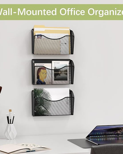 EasyPAG 3 Single Pocket Wall File Organizer, Mesh Hanging File Folder Organizer for Letter/A4 Size Folders, Wall Mounted Vertical Mail Holder for Paperwork, Office, Home, School, Black