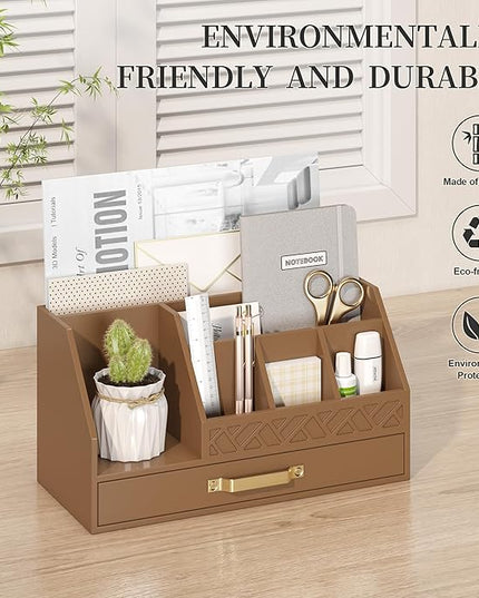 Wisuce Essentials Bamboo Desk Organizer with Drawers, Mail Organizer Countertop Wood Desk Drawer Tabletop Storage Organization Pen Holder Letter Sorter Makeup Organizer for School Home Office (Brown)