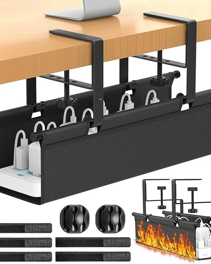 Under Desk Cable Management Tray, REFLYING 14.6" Cable Management Under Desk No Drill,Adjustable Clamp Cord Wire Organizer, Cord Hider for Standing Table, Wire Hider for Office,Home (Small)