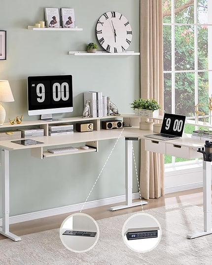 RedLemon 75X60 Inches L Shaped Electric Standing Desk, Height Adjustable Corner Gaming Desk with Drawers, Keyboard Tray, Power Outlets & LED Lights, Computer Desk with Monitor Shelf, Antique White