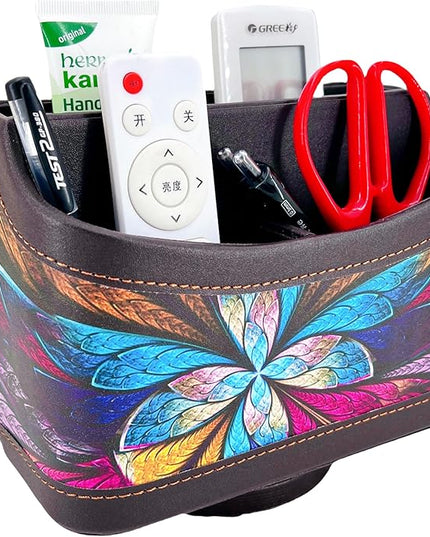Arniche PU Leather Remote Control Holder,360 Degree Spinning Desk TV Remote Caddy,Desk Organizers and Accessories,for Controller,Media,Mail,Calculator,Mobile Phone,Pen Storage Holder(Pansy)