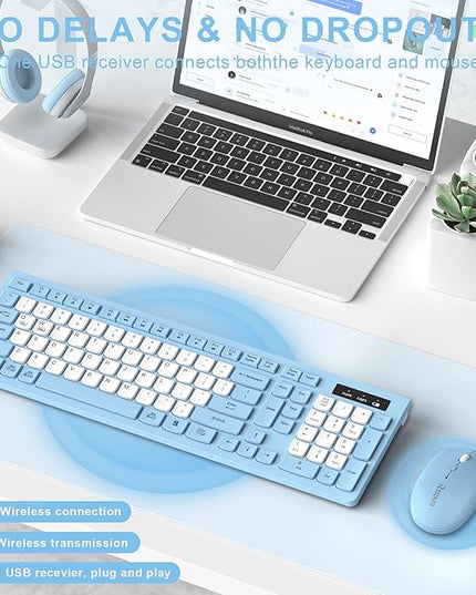 Wireless Keyboard and Mouse Combo, Full-Sized Wireless Keyboard and Adjustable DPI Mouse, 2.4GHz USB Receiver, Silent Keyboard and Mouse for PC, Windows, MAC, Desktop, Laptop(Sky Blue-B)