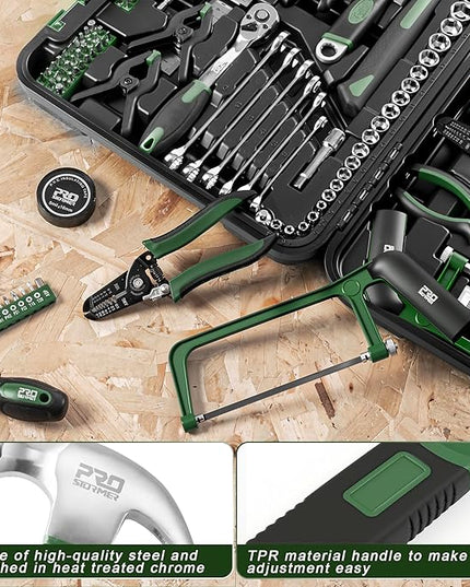 Prostormer 259-Piece Tool Kit, General Household Hand Tool Set with Plastic Storage Toolbox, Portable Complete Repair Tool Box for Home and Car (Green)