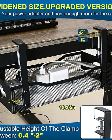 Large Under Desk Cable Management Tray - Heavy Duty Metal Cord Organizer with No Drill Installation for Office & Home Office Desks to Hide Wires & Power Strips (Black, XL)