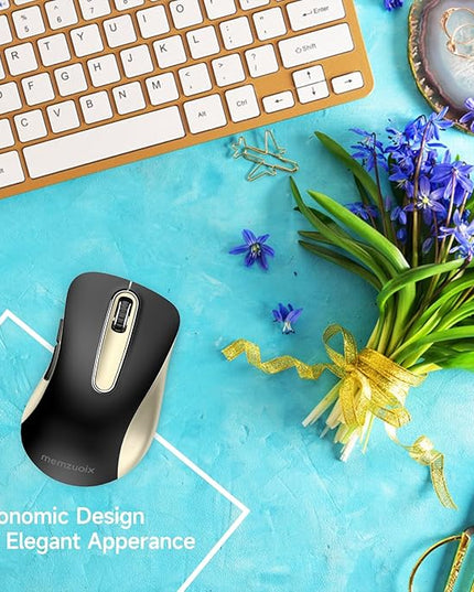 memzuoix 2.4G Wireless Mouse, 1400 DPI Computer Mice with USB Receiver, Portable Wireless USB Battery Powered Cordless Mouse for Laptop, PC, Desktop, 5 Buttons (Black Gold)