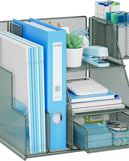 Marbrasse Desk Organizer and Accessories, 3-Tier File Organizer with Drawer and Pen Holder, Small Desktop Organizer and Storage for Workspace Office Supplies Green