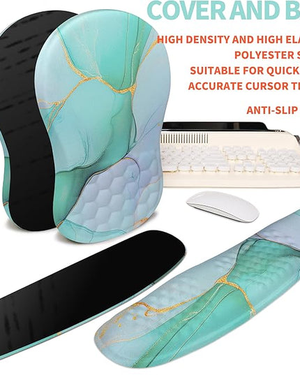 2-in-1 Ergonomic Set, Wave Rise Keyboard Wrist Rest and Massage Bulge Slope Mouse Pad Wrist Support, Cushion Memory Foam Integrated to Relieve Wrist Pain, Blue Gold Marble