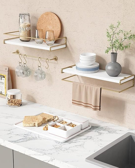 Forbena Floating Bathroom Shelves Wall Mounted, Aesthetic White and Gold Shelves for Bathroom Accessories, Modern Bathroom Organizer with Tower Bar for Wall Decor Storage Small Spaces, Set of 2