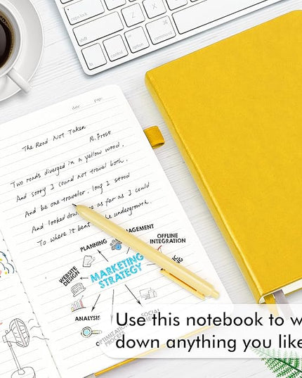 feela 18 Pack Journal Notebook for Work, Business Notebook Bulk Hardcover Lined Writing Journal with Pen Holder for Men Women Note Taking, with 18 Black Pens, 120 GSM, 5.1”x8.3”, A5, Yellow